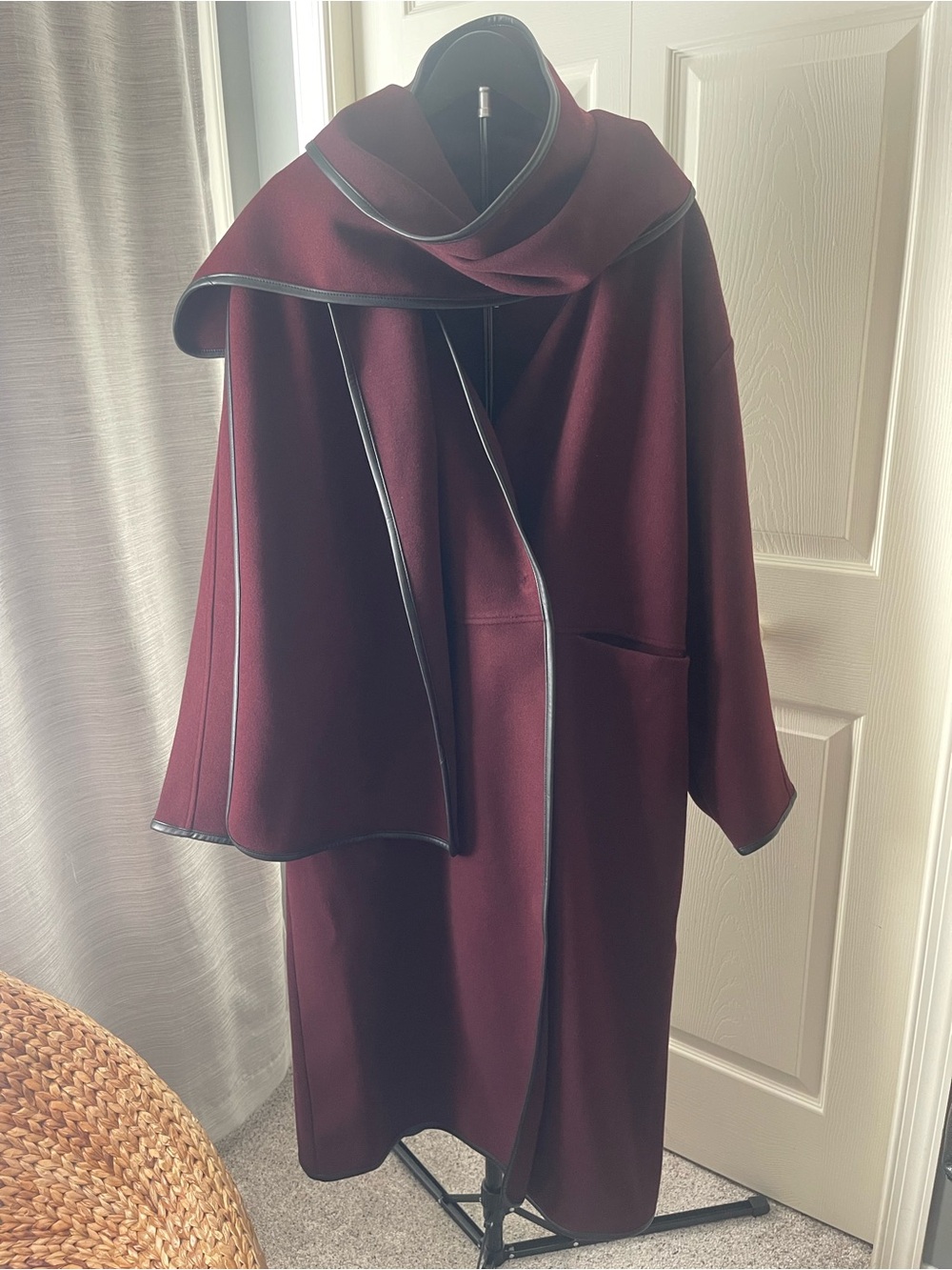 Worthington Wine Red Long Coat with Contrast Trim and Detachable Wrap Collar
